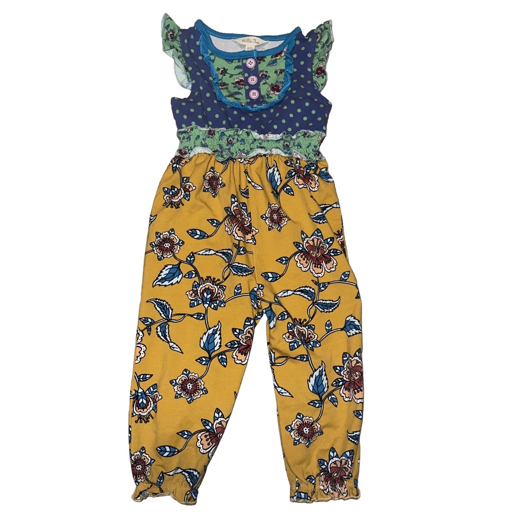 Matilda Jane Sleeveless Pants Jumpsuit Floral Polka Dot Yellow Blue 12-18 Months